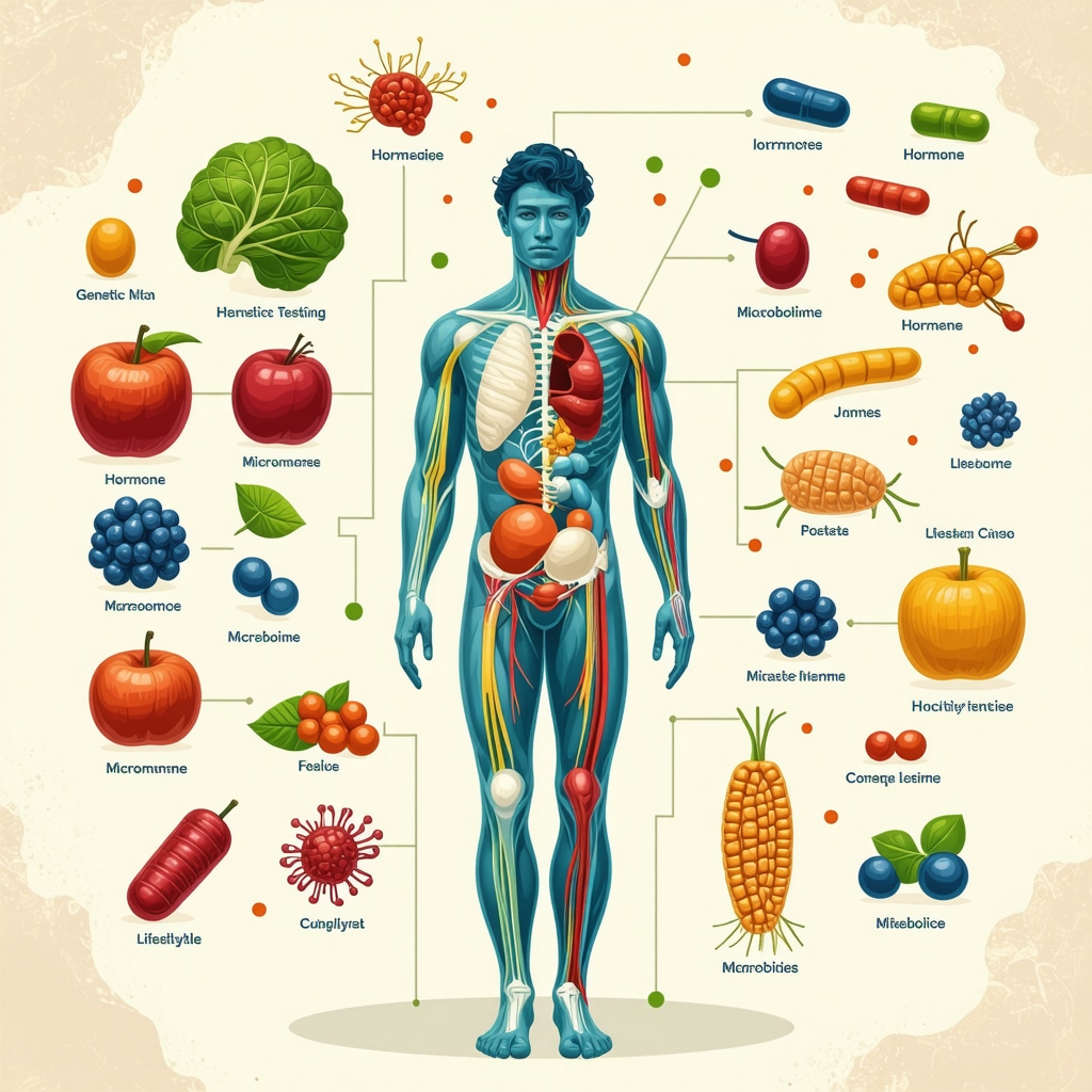 Diagram showing genetic, hormonal, microbiome, and lifestyle factors in personalized weight management