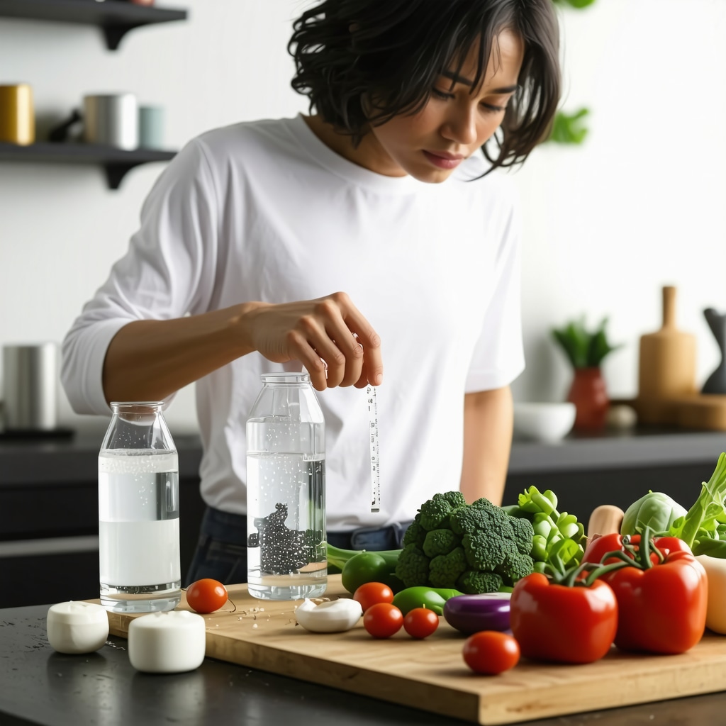 Person measuring hydration and nutrition intake in a modern kitchen