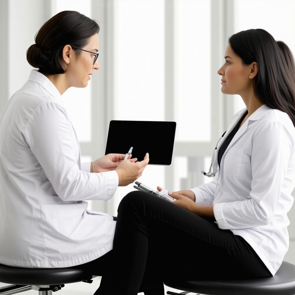 Healthcare professional advising patient on weekly injectable weight loss therapy in clinic.