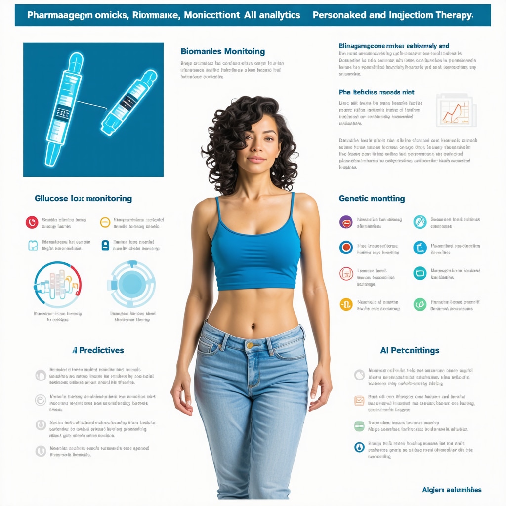 Infographic showing pharmacogenomic genes, biomarker data, and AI predictive models for weight loss injections