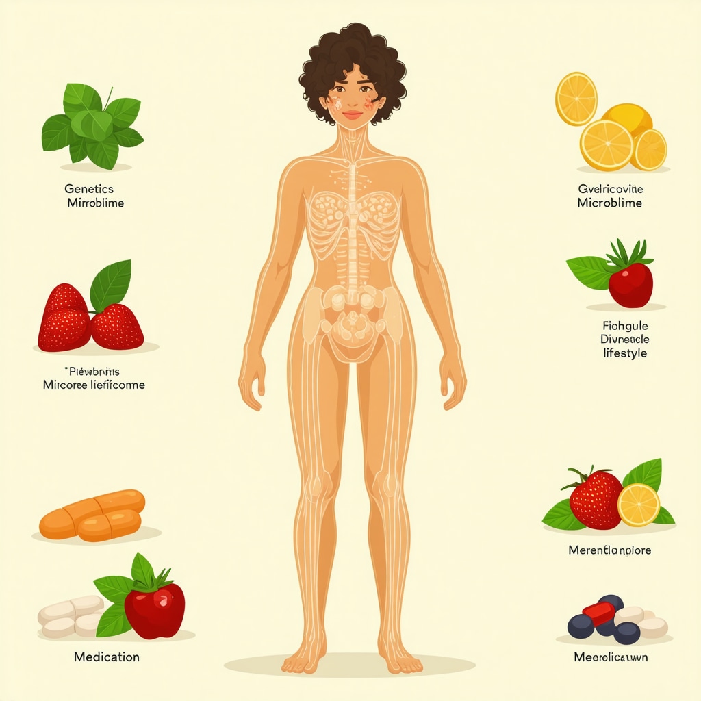 Illustration showing interconnected factors influencing weight loss including genetics, microbiome, lifestyle, and medication.