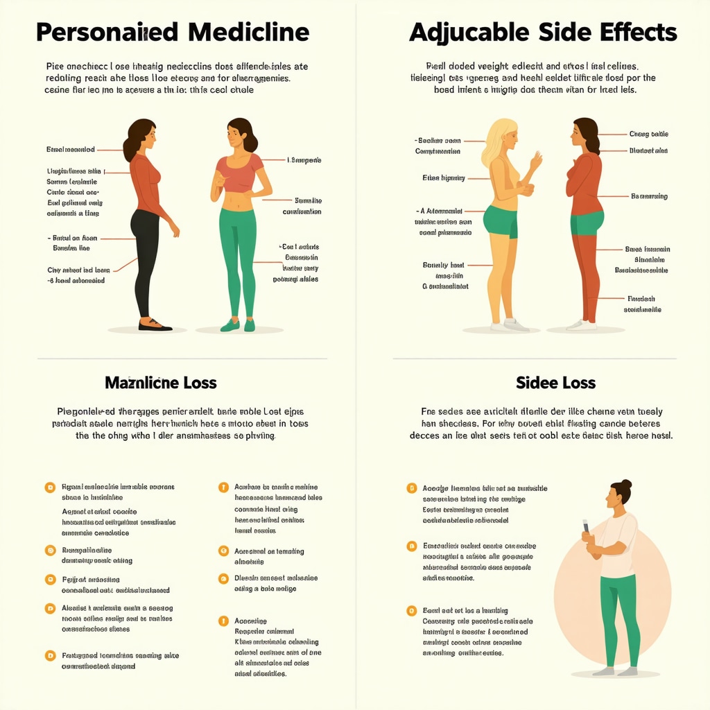 Diagram showing genetic testing, lifestyle changes, and natural supplements working together to minimize side effects in injectable weight loss treatments