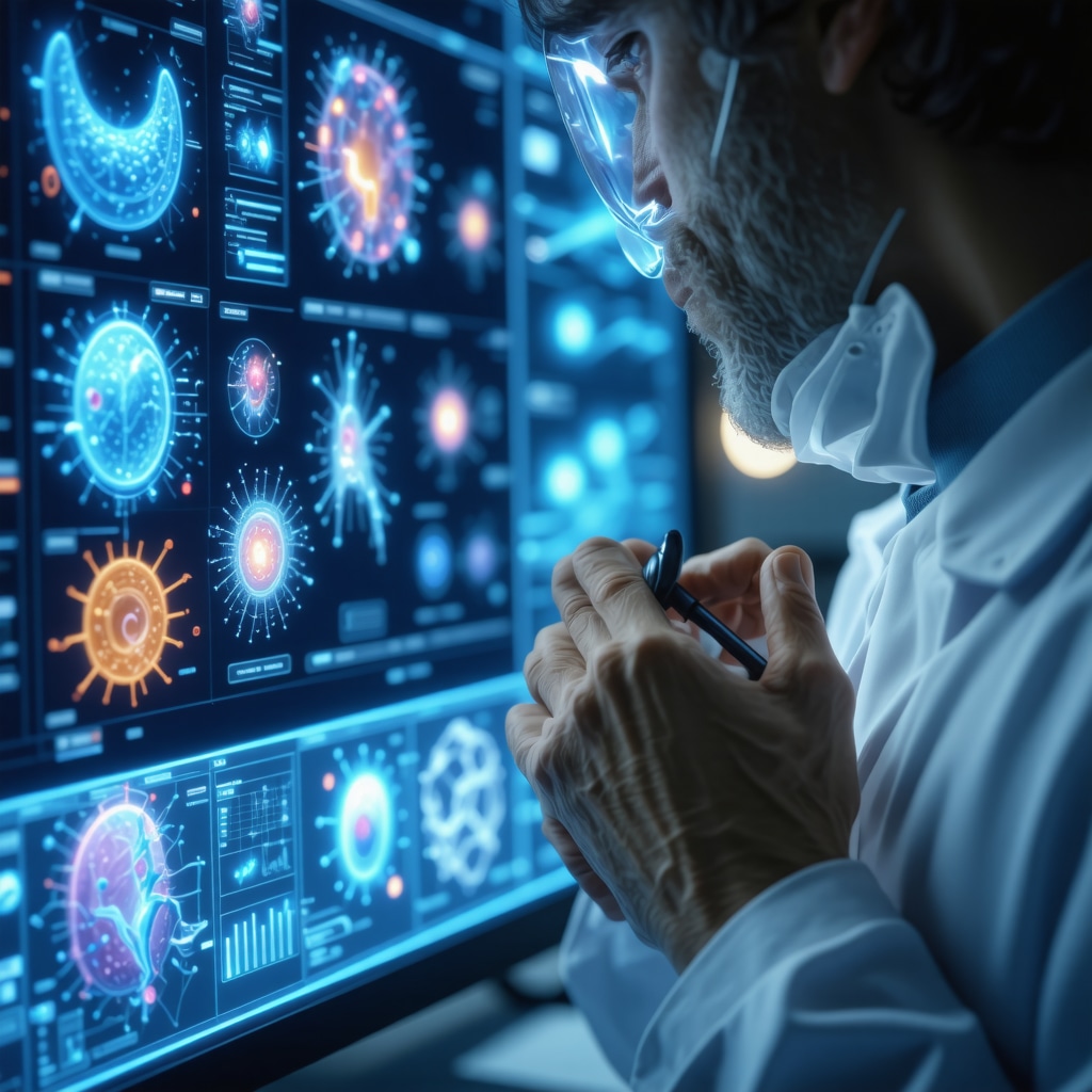 A futuristic medical consultation with genetic testing, digital health devices, and microbiome analysis