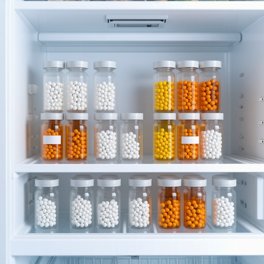 Refrigerator with organized medication vials stored at correct temperature
