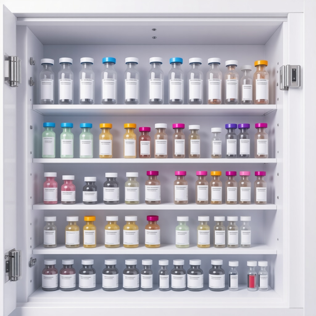 Medicine cabinet with refrigerated storage for injections, highlighting safety and organization.