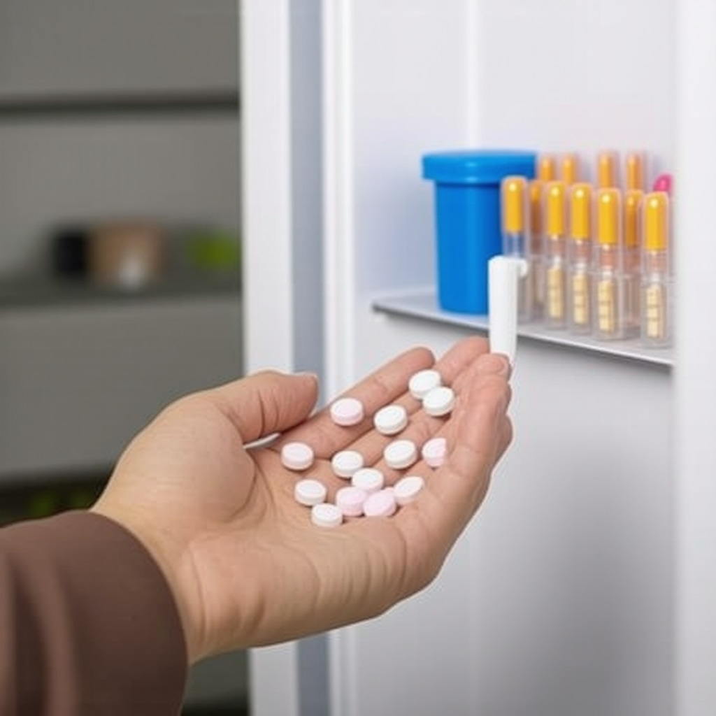 Person storing medication in fridge, disposing of used needles safely