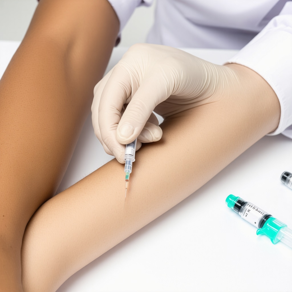 Healthcare professional demonstrating safe injection technique on patient