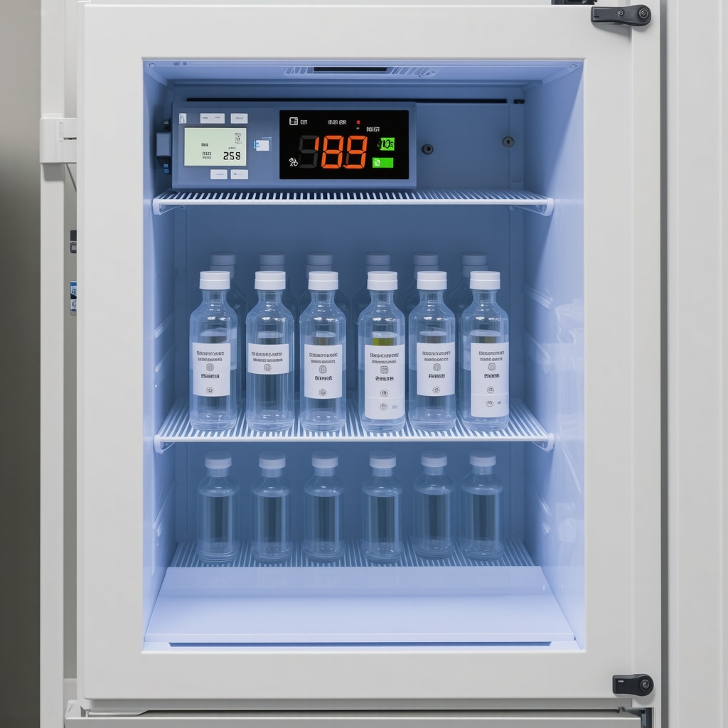 A medicine fridge with a digital thermometer showing stable temperature for medication storage.