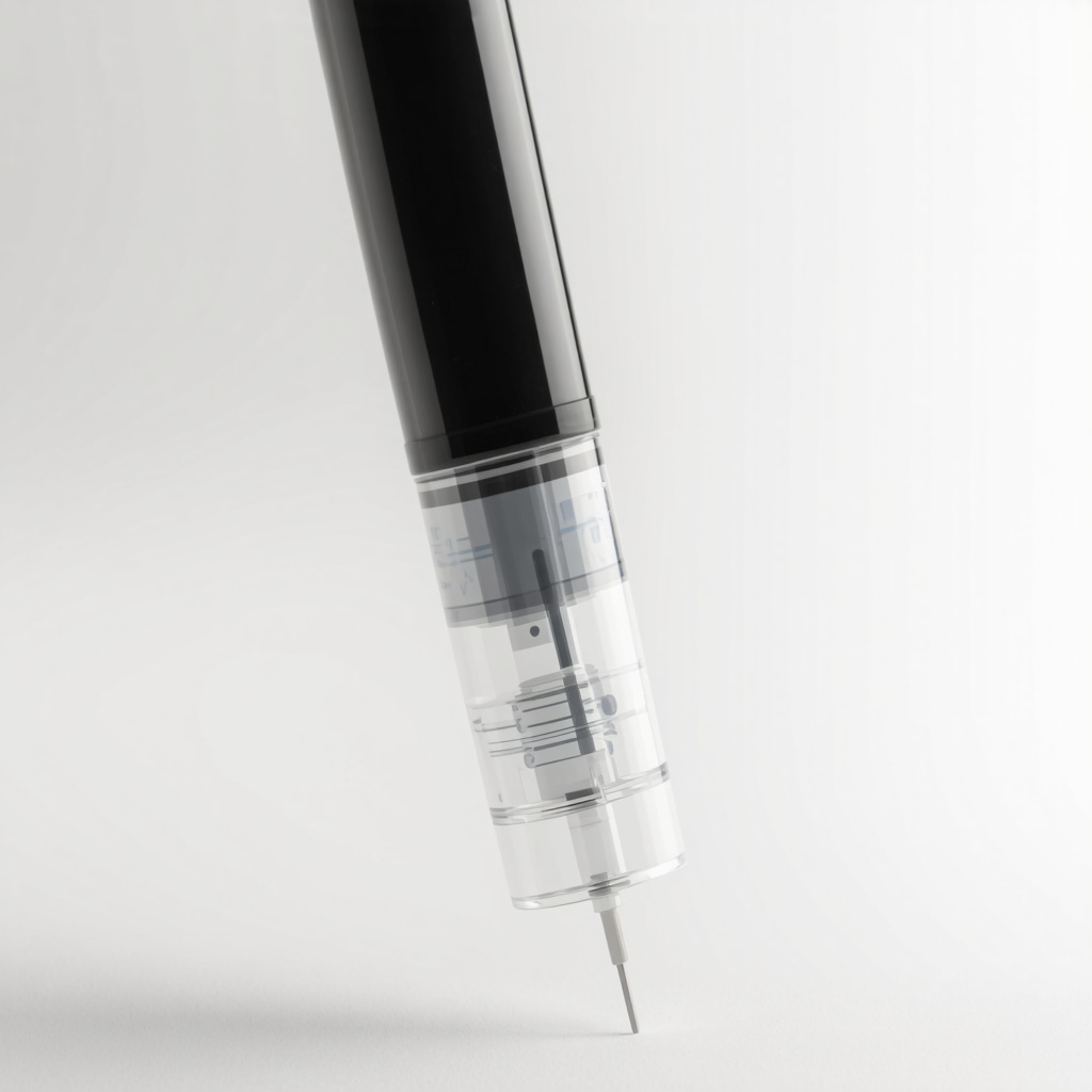 Close-up of a smart auto-injector with adjustable needle and sensors used in a clinical setting