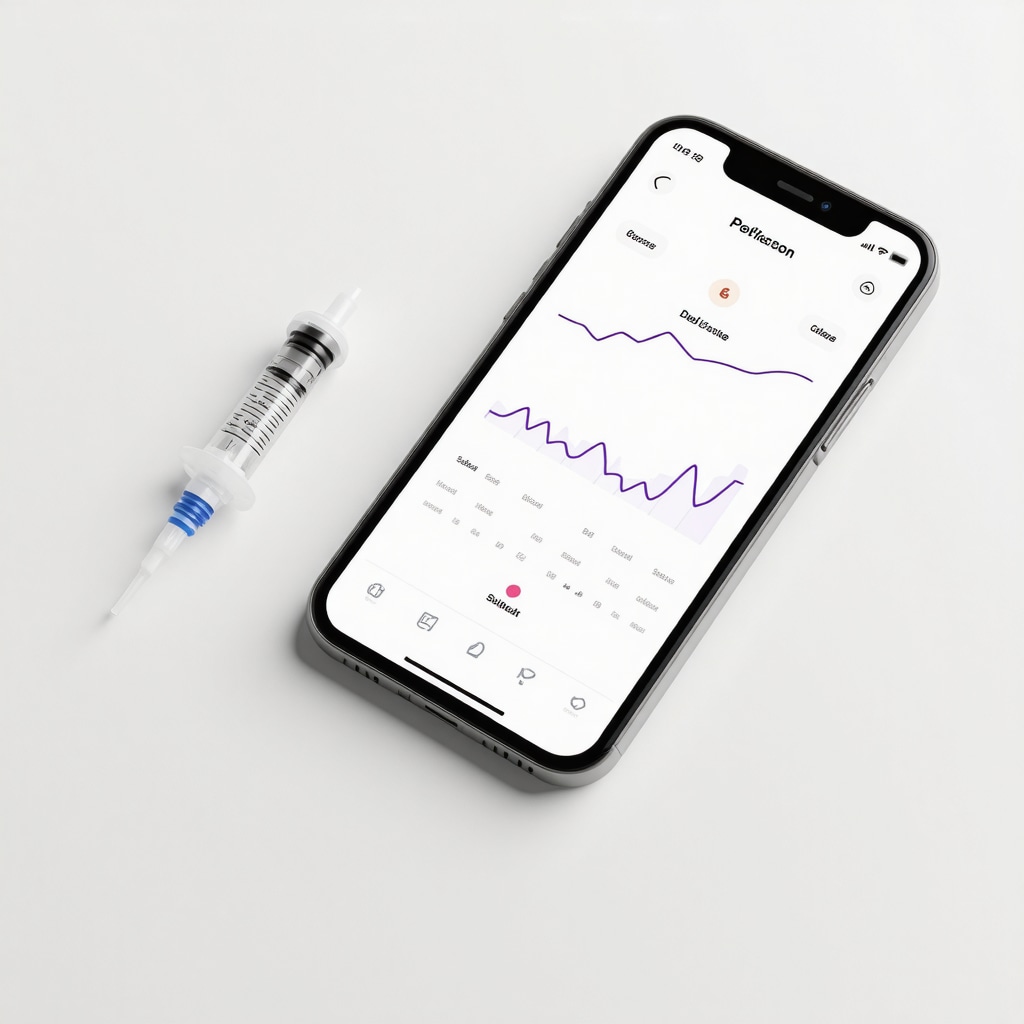 Smart auto-injector device connected to smartphone app showing injection data and progress