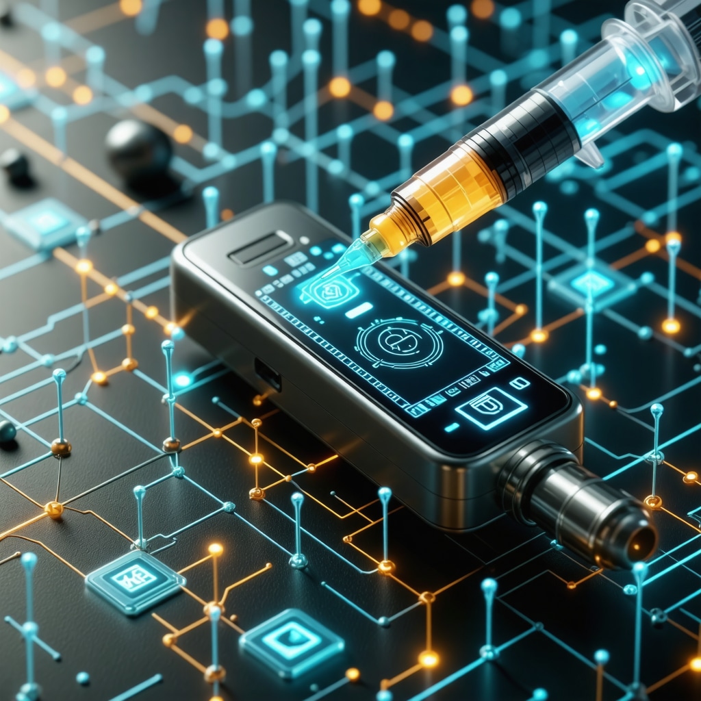 Close-up of a smart injection device showing digital feedback overlay with AI and nanoneedle concepts