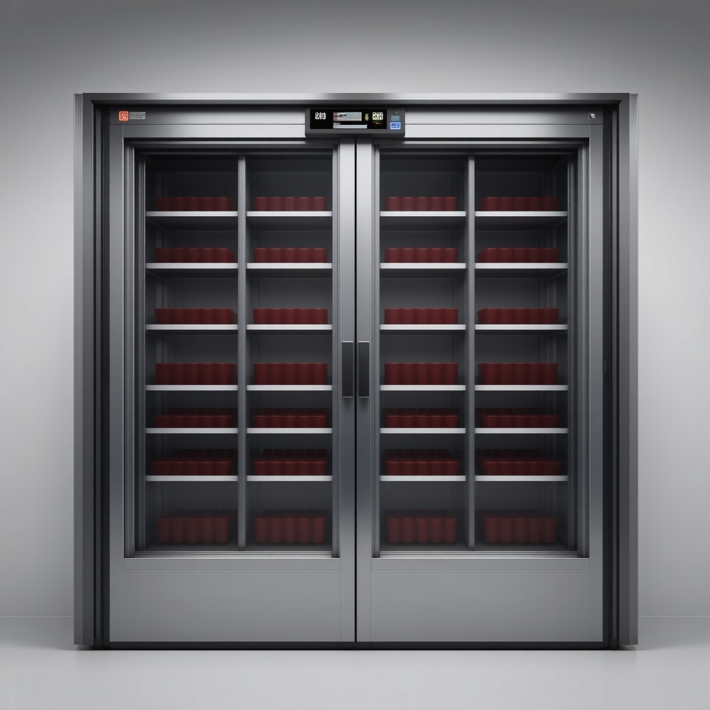 Modern medication storage system with temperature monitoring in a clinical environment.