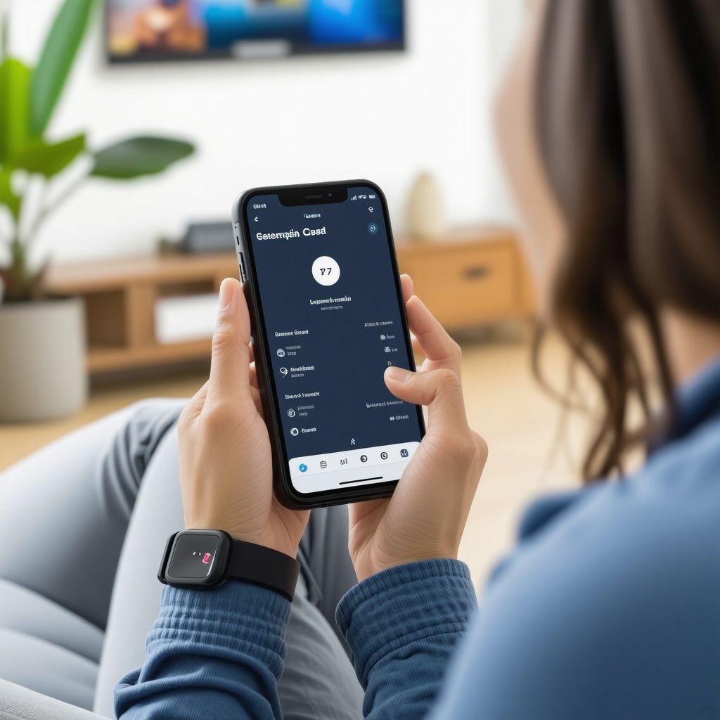 Person using a smartphone app and wearable device for health coaching at home.