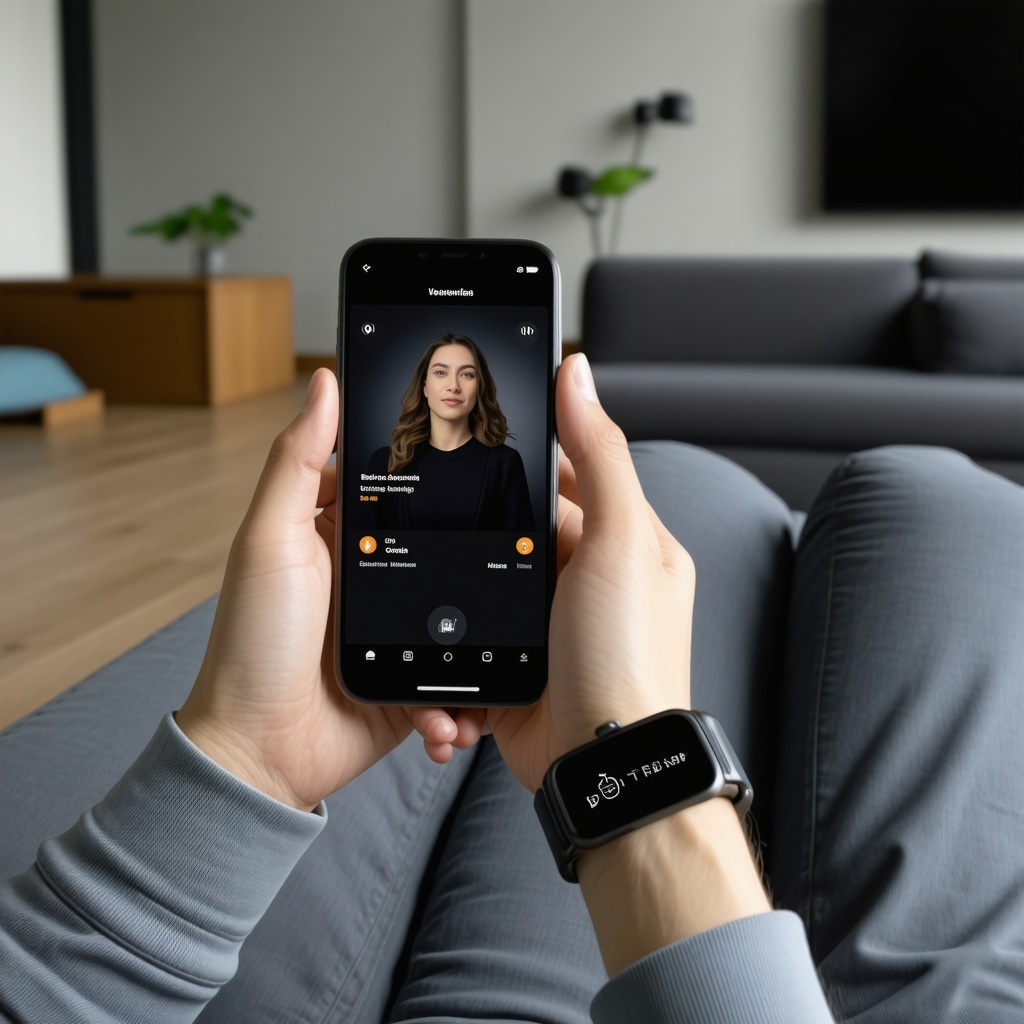 Individual using health app and fitness tracker at home for weight management