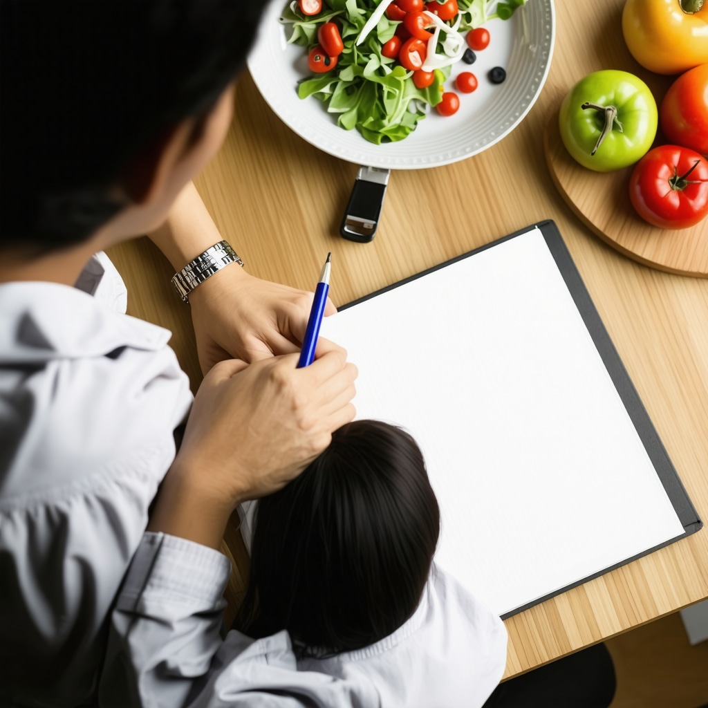Person tracking weight loss progress with journal and healthy food