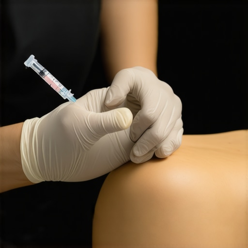 Healthcare professional illustrating injection site rotation with tissue assessment tools and skin marking for weight loss therapy.