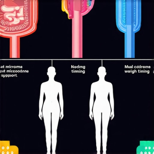 Infographic depicting gut microbiome, meal timing, and psychological support for weight loss