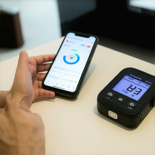 Person using a continuous glucose monitor and smartphone in a gym setting.