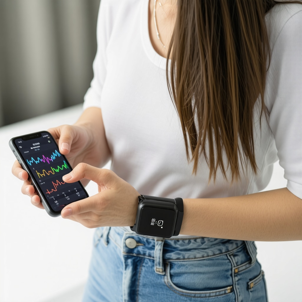 Individual analyzing health data from wearable device on smartphone for personalized weight loss insights.