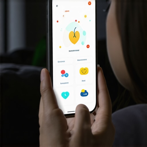 Person tracking health metrics on smartphone with icons for diet, exercise, medication, and emotional well-being