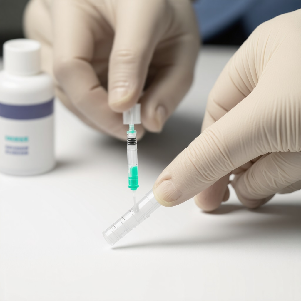 Healthcare professional disinfecting patient's skin before injection