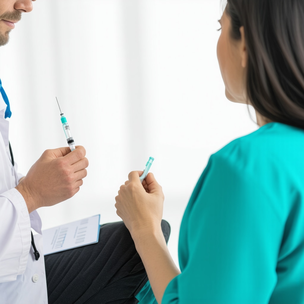 Doctor explaining injectable weight loss treatment to a patient in a clinic.