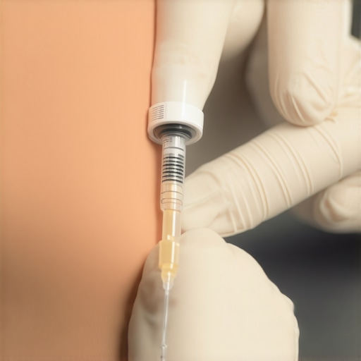 Healthcare professional showing correct injection method with a fine needle