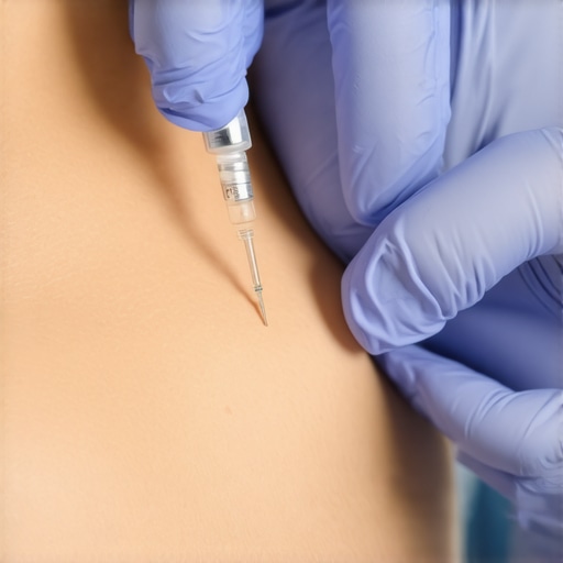 Healthcare professional showing proper injection technique on patient's abdomen.