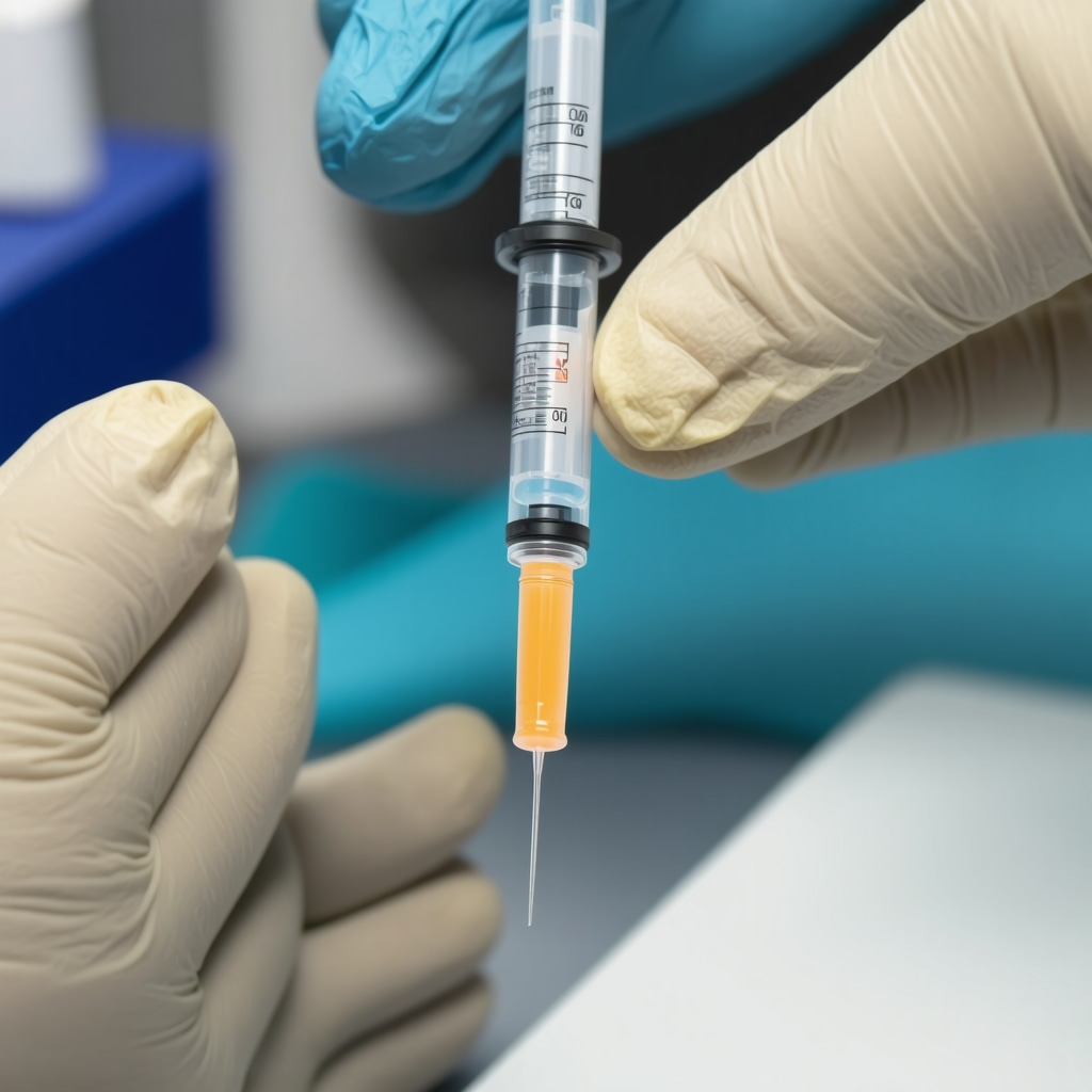 Medical professional showing precise injection procedure with small gauge needle.