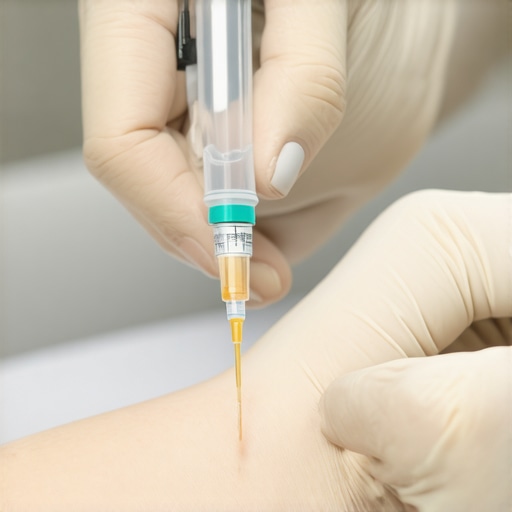 Healthcare professional demonstrating proper injection technique with a pen injector on a patient