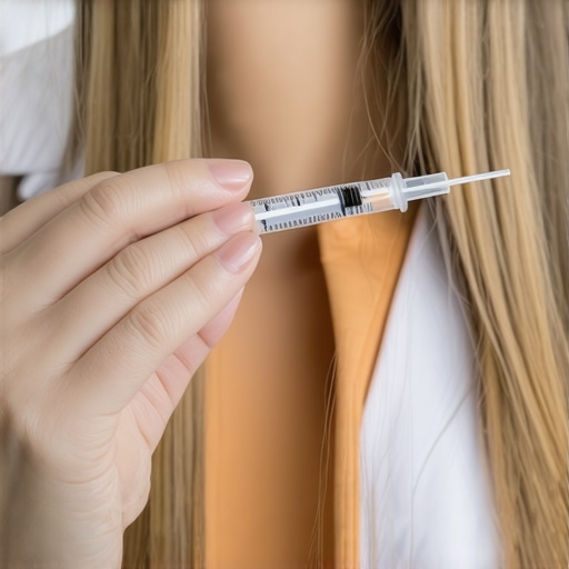 Healthcare professional demonstrating proper injection technique with medication pen.