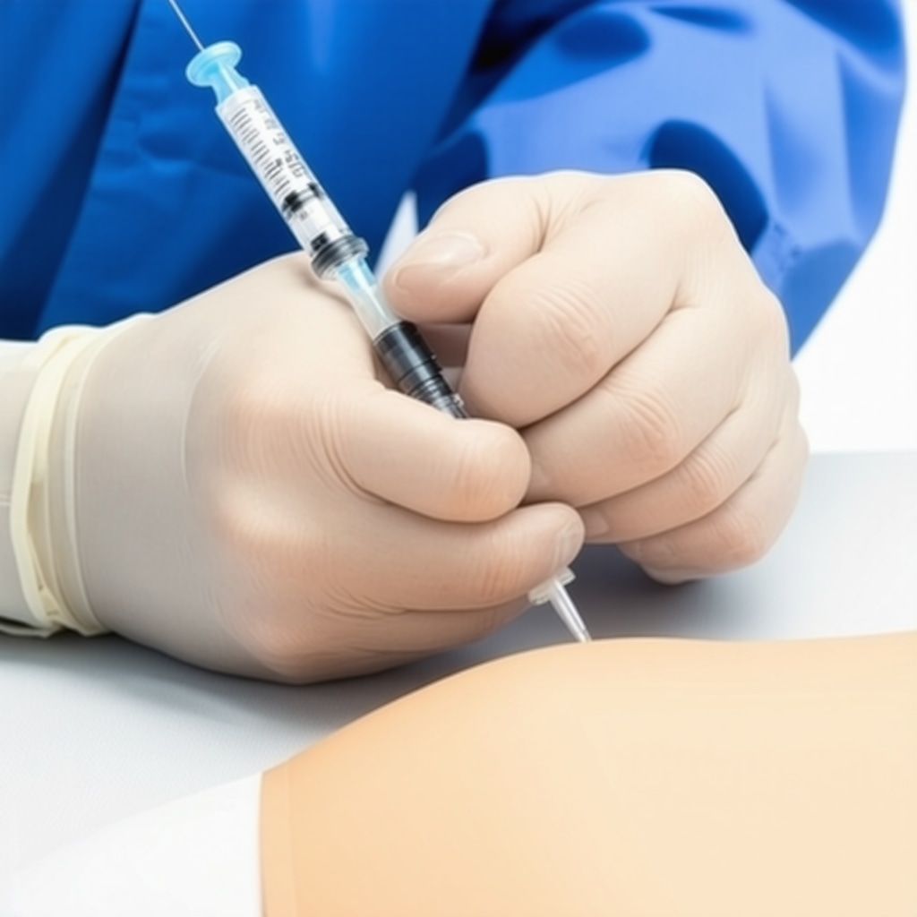 Healthcare professional demonstrating proper injection technique on patient