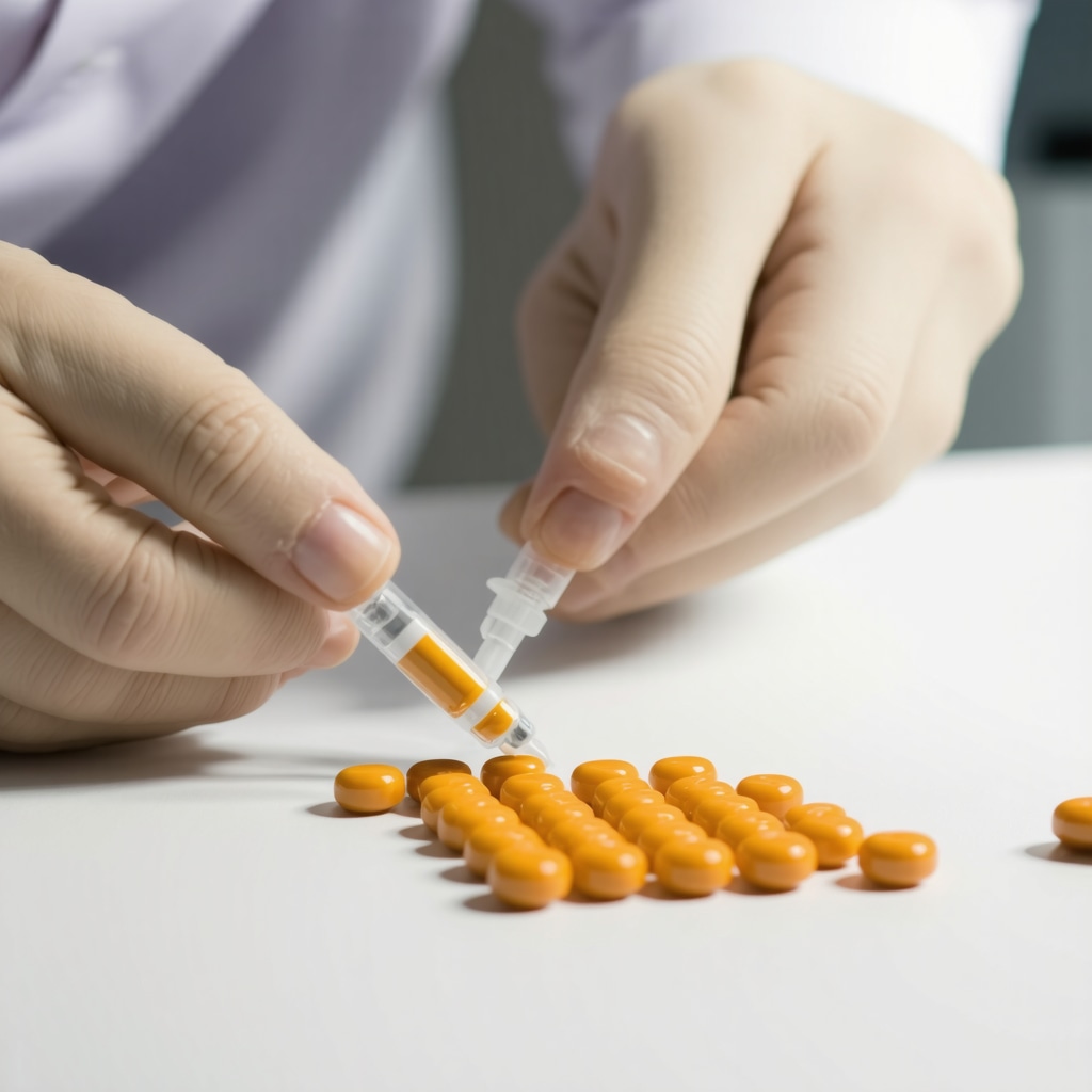 Person carefully handling prescription weight loss injection in a sterile environment.