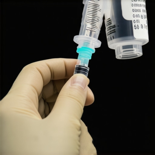 A healthcare professional preparing a sterile injection with a syringe and vial in a clinical environment.