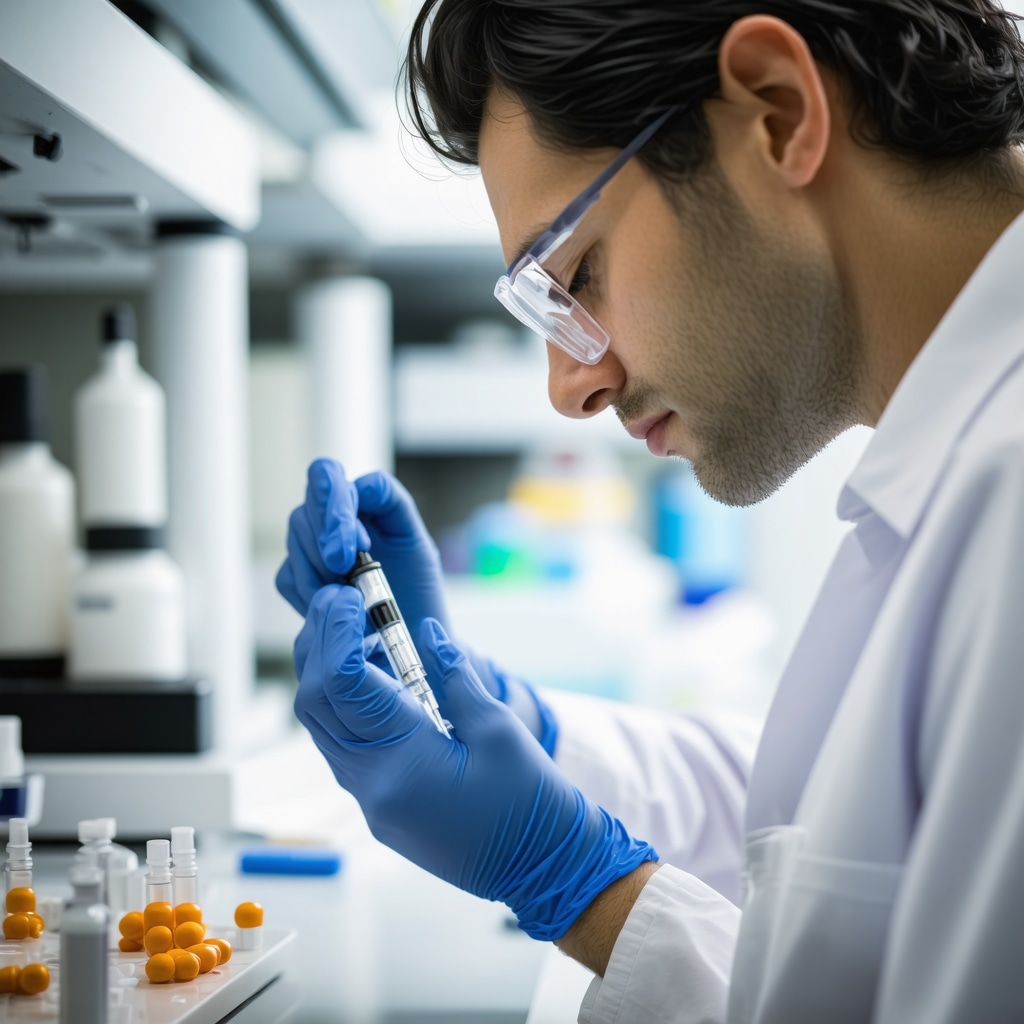 Healthcare professional carefully inspecting medication vials in clinical environment.