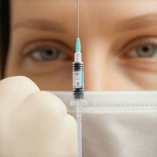 Healthcare professional demonstrating proper injection technique with a syringe
