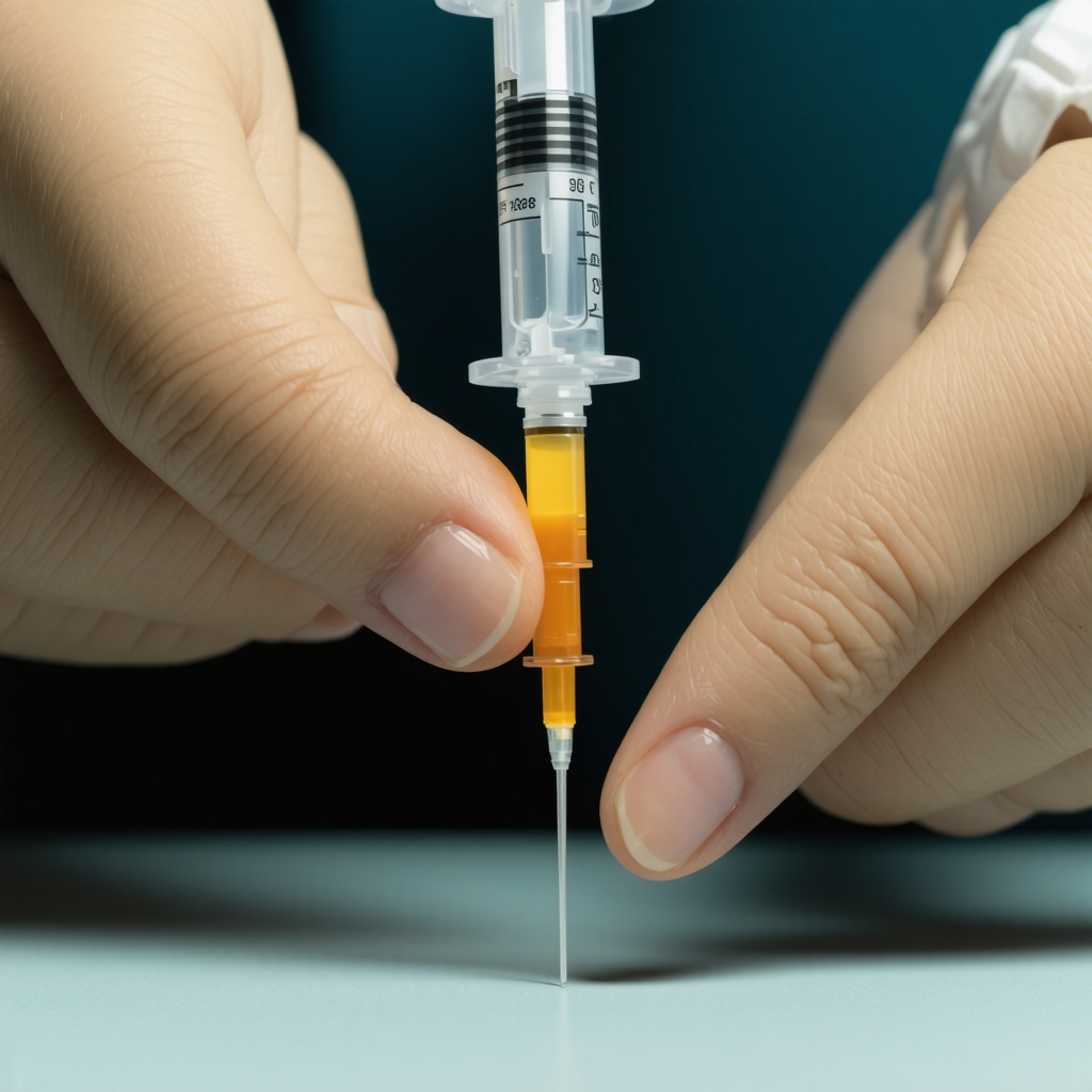 Healthcare professional demonstrating proper injection technique with a syringe.