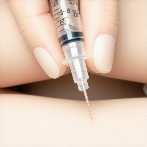 Healthcare professional demonstrating proper injection technique with a fine needle.