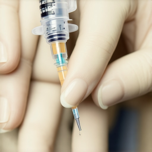 Medical professional demonstrating safe injection technique with auto-injector and ultra-fine needle