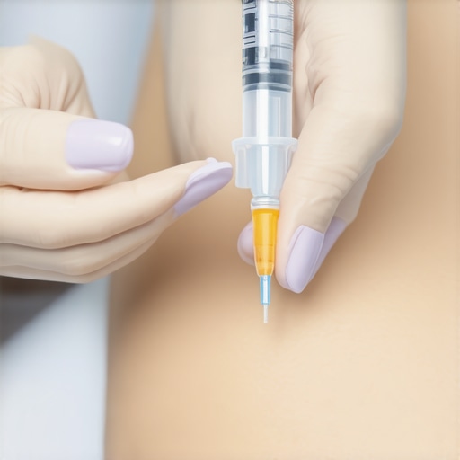 Healthcare professional demonstrating proper injection technique with syringe into patient's abdomen.