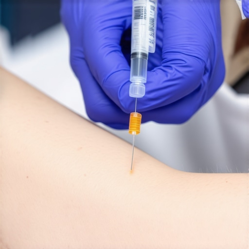 Healthcare professional demonstrating proper injection technique on a patient's arm