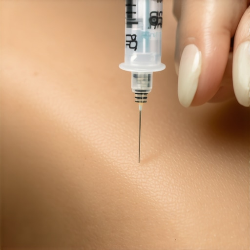 Healthcare professional demonstrating proper injection technique with a fine needle and skin pinching.