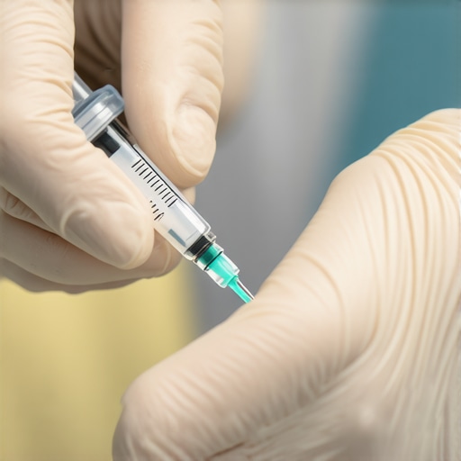 Healthcare professional preparing a sterile injection with fine needle and gloves
