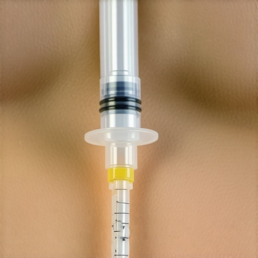Healthcare professional performing a safe injection with skin disinfected and proper needle angle