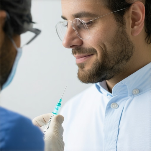 Healthcare professional discussing injection timing with a patient, emphasizing circadian rhythm alignment