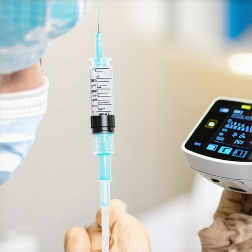 Healthcare professional using advanced monitoring devices during injection