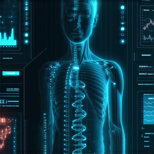Advanced medical technology interface displaying genetic data and AI analytics for tailored weight management.