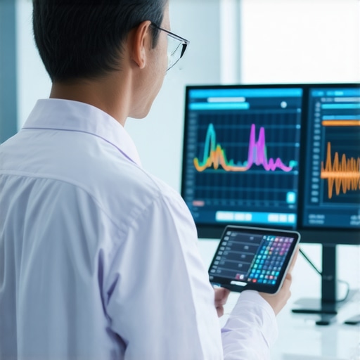A modern medical setting with digital health devices and genomics data analysis for personalized treatment.