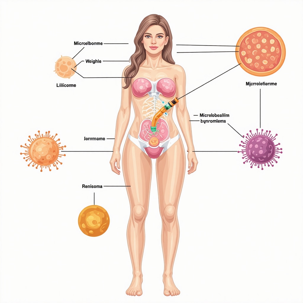 Diagram showing hormonal pathways and microbiome influence on weight management