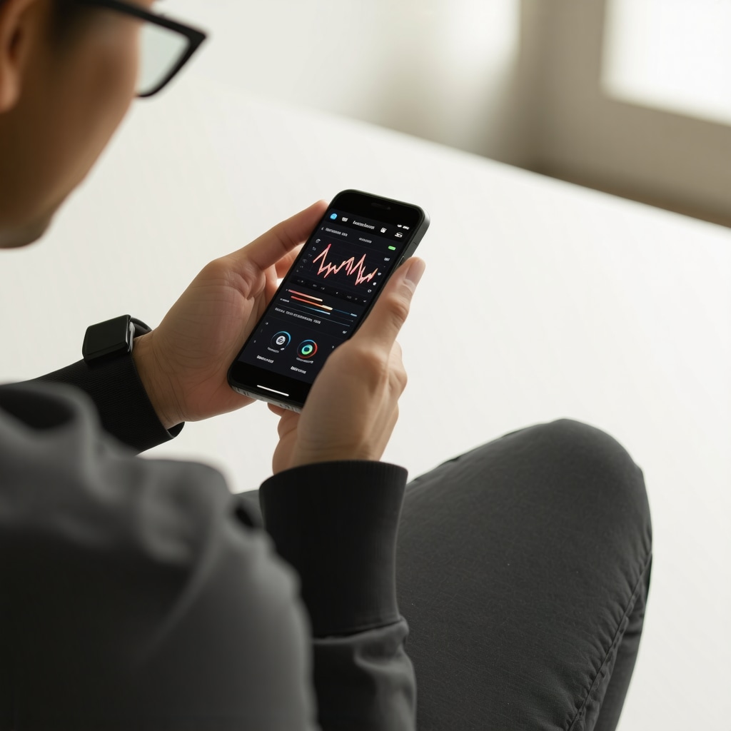 Individual using a wearable health device while reviewing personalized health data on a smartphone